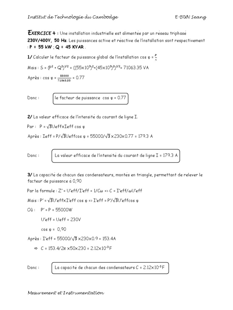Calcul De Puissance En Triphasé Pdf Exercice 4 | PDF | Puissance (physique) | Quantité