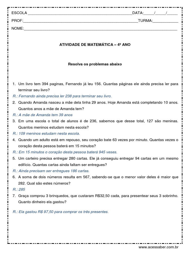 Problemas de Matematica 4º Ano Respostas | PDF