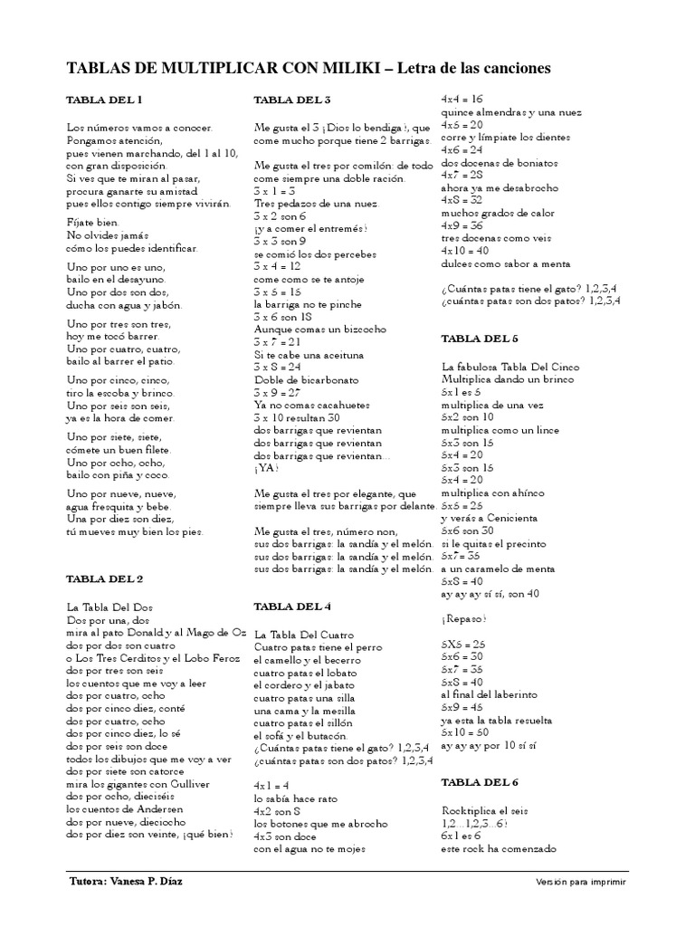Tablas de Multiplicar Letra Canciones Miliki PDF PDF Naturaleza