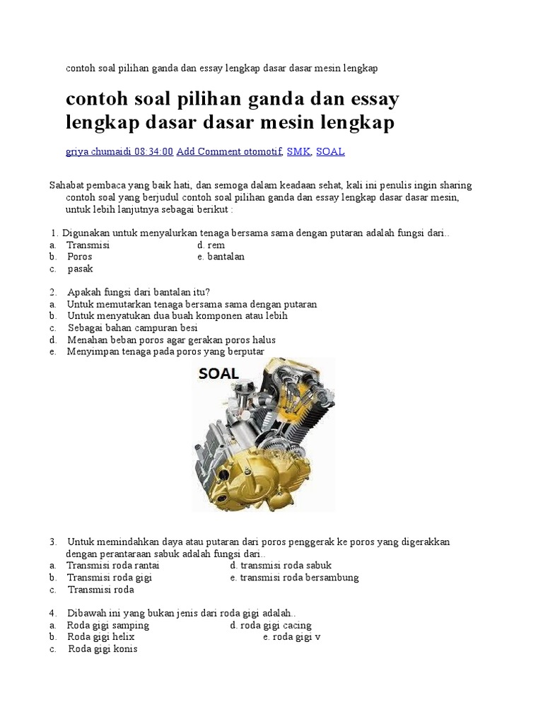 Soal Pilihan Ganda Lengkap Dengan Jawaban Tentang Dasar Dasar Mesin