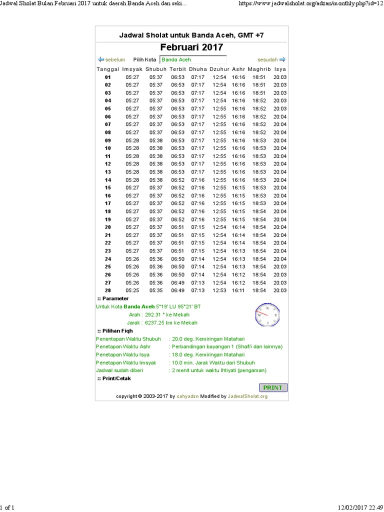 Jadwal Sholat Bulan Februari 2017 Untuk Daerah Banda Aceh Dan Sekitarnya Jadwalsholat Pdf
