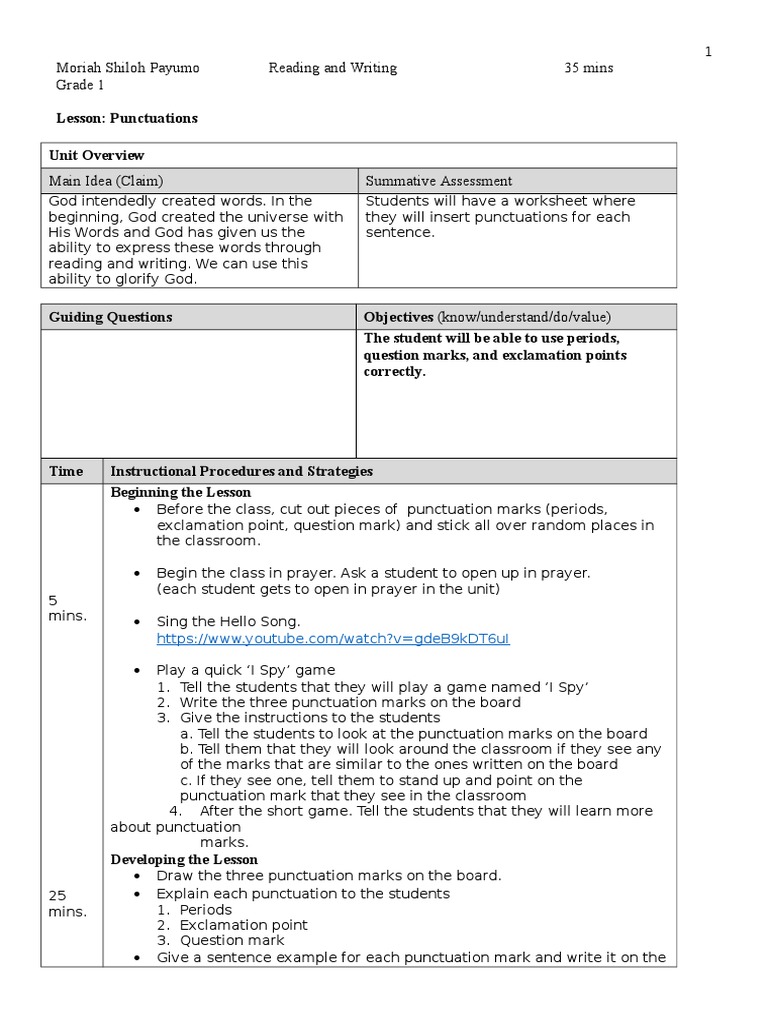 Punctuation Lesson Plan for Grade 1 | PDF | Educational Assessment ...