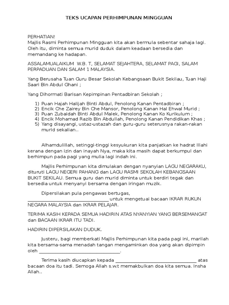 Teks Ucapan Perhimpunan Mingguan Pdf