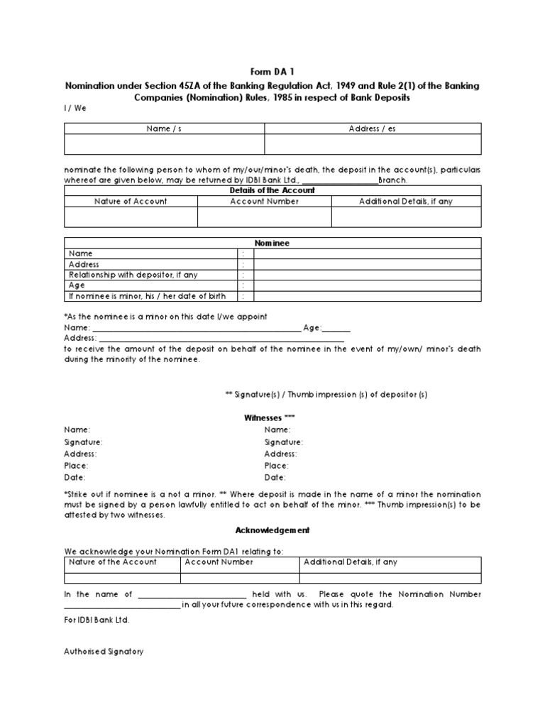 Form DA 1 Nomination Under Section 45ZA of The Banking Regulation Act
