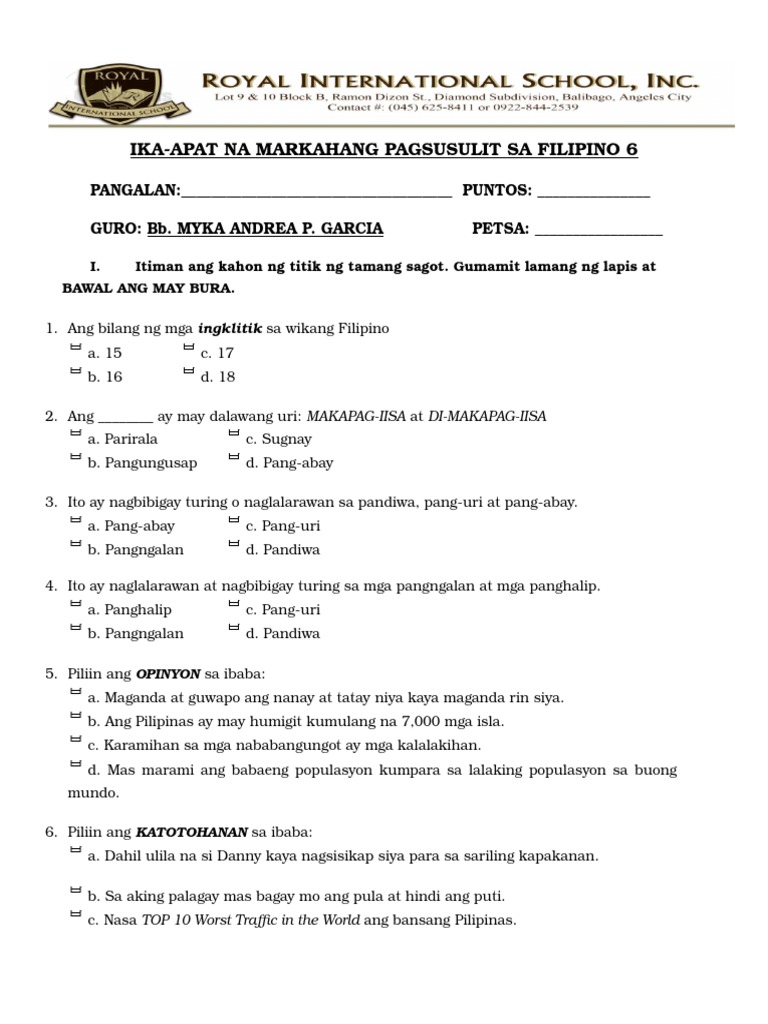 Evaluation Test&&&&& Larong Pinoy