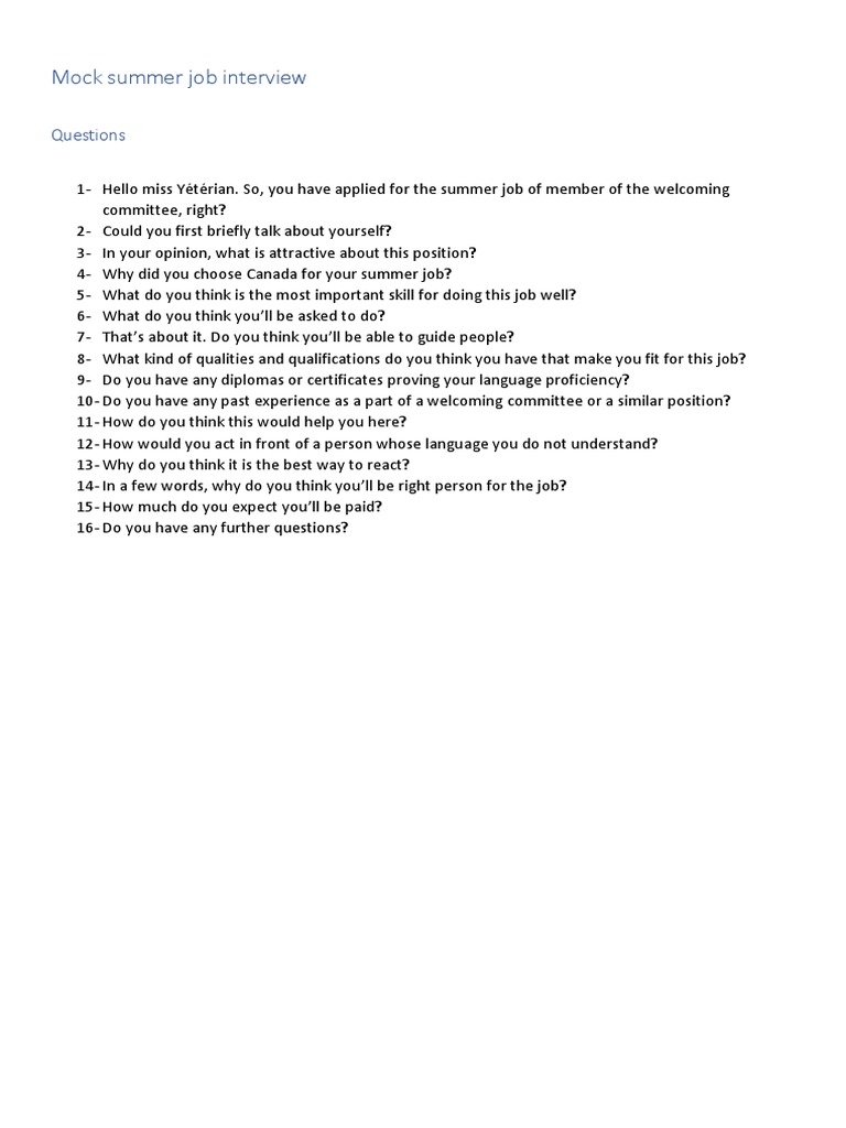 Mock Summer Job Interview | PDF | Job Interview | Cognitive Science