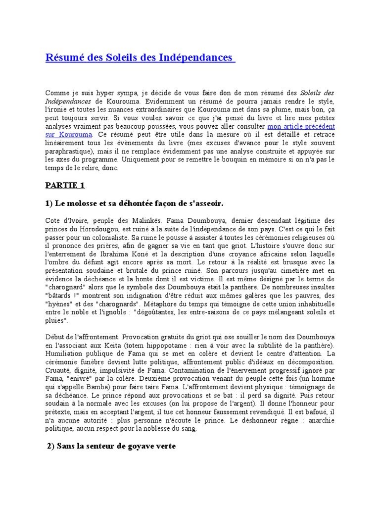 Résumé Des Soleils Des Indépendances Afrique