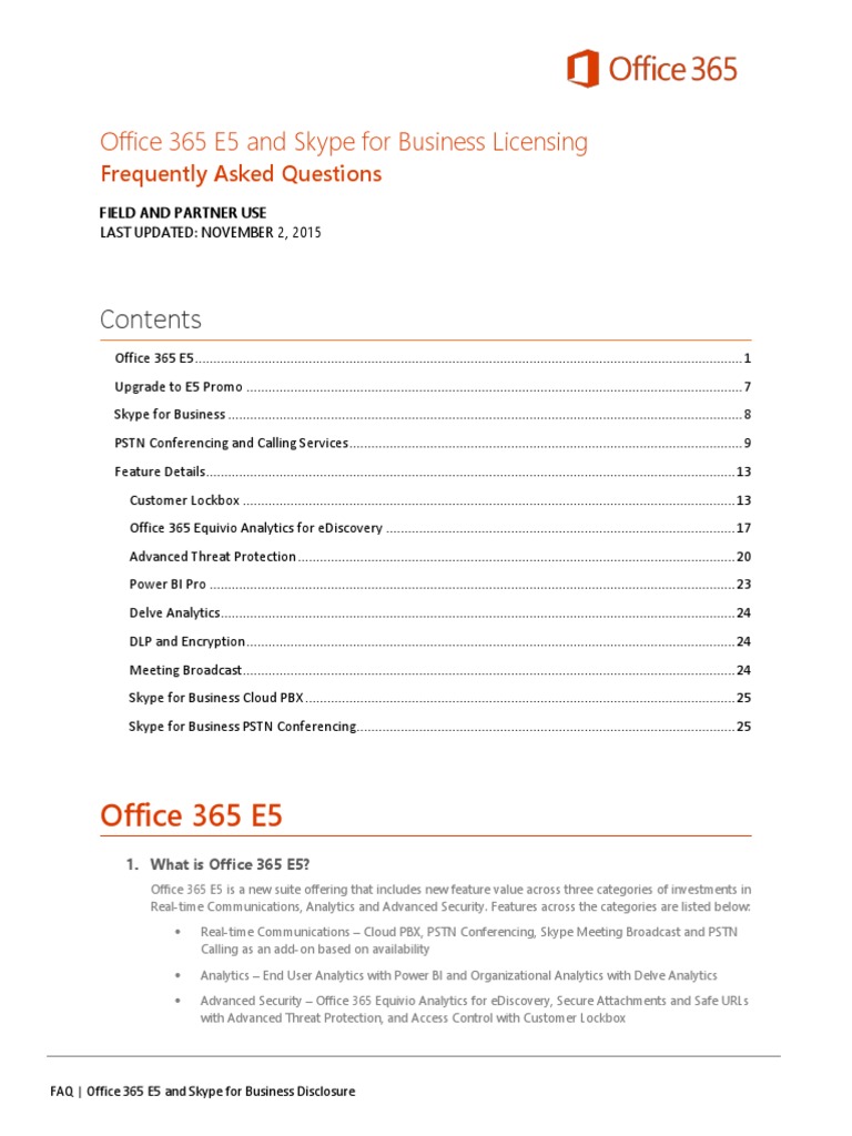 Office 365 E5 & Skype for Business FAQ | PDF | Office 365 | Cloud Computing