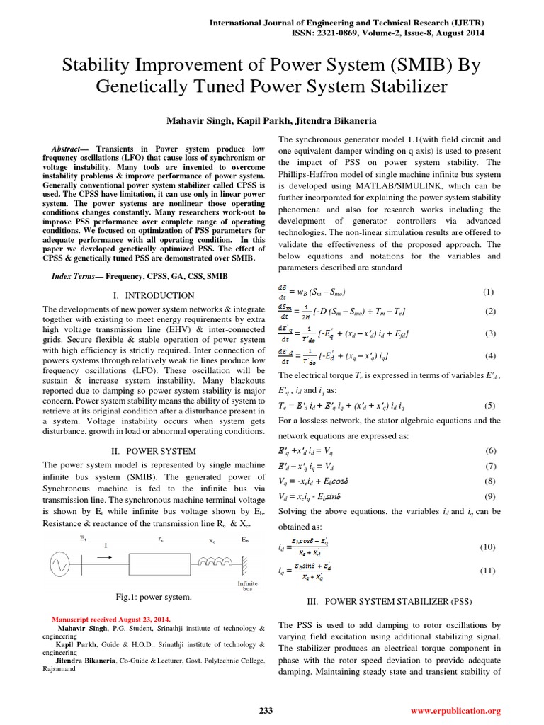 Stability Improvement of Power System (SMIB) by Tuned Power