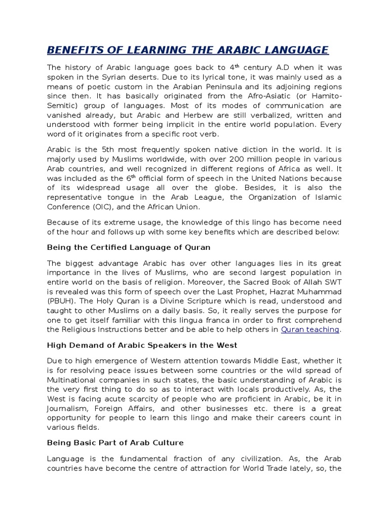 Benefits of Learning The Arabic Language | PDF | Arabic | United Arab ...