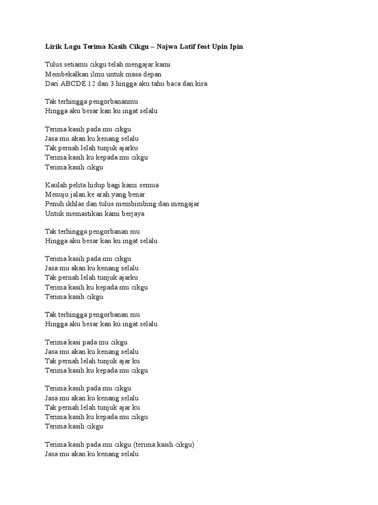 Lirik Lagu Terima Kasih Cikgu Pdf
