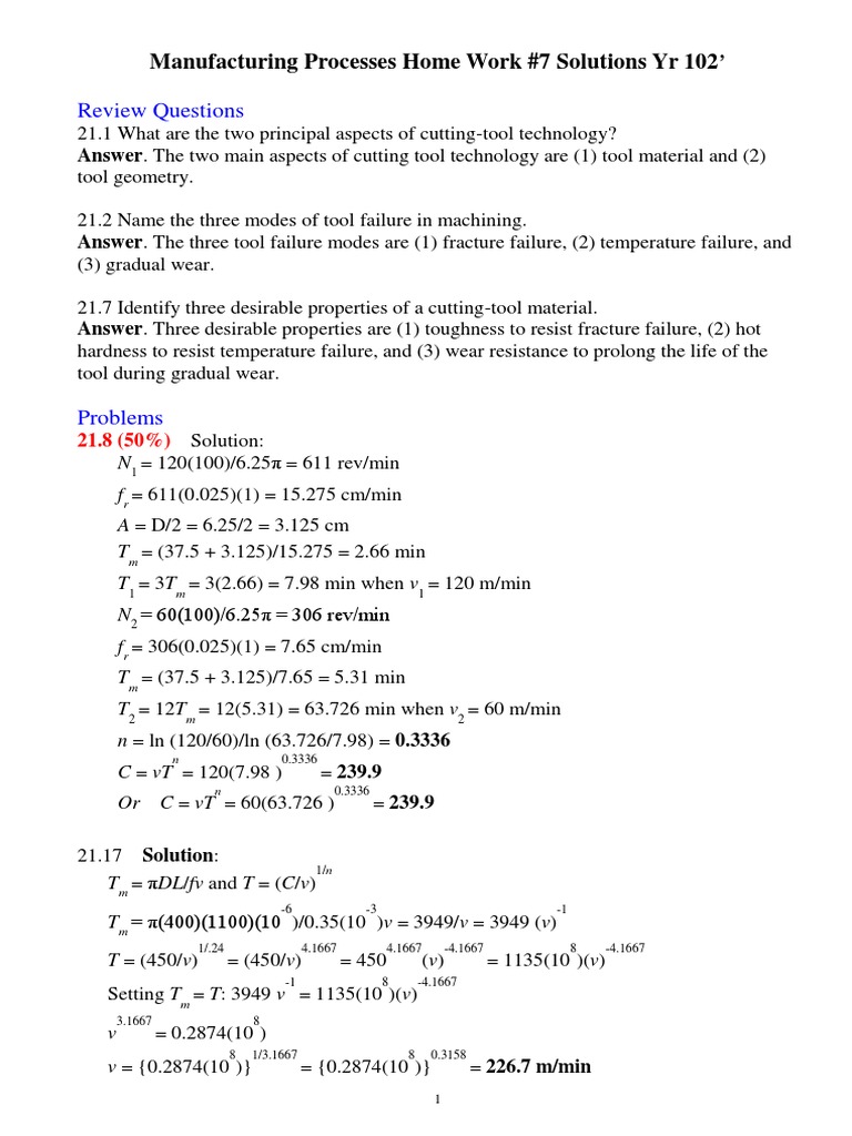 Review Questions: Manufacturing Processes Home Work #7 Solutions Yr 102 ...