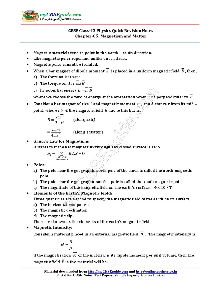 CBSE Class 12 Physics: Magnetism Notes | PDF | Magnetic Field | Magnet