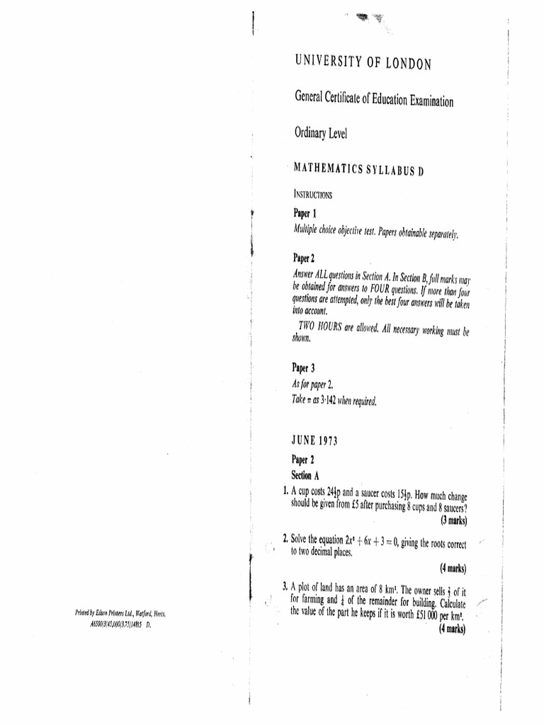 London GCE O Level Syllabus D June1973Jan1975 PDF