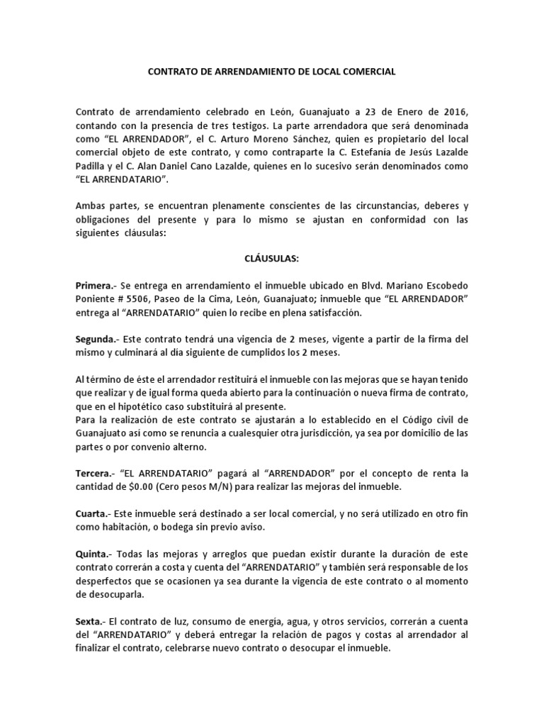 Contrato de arrendamiento local comercial