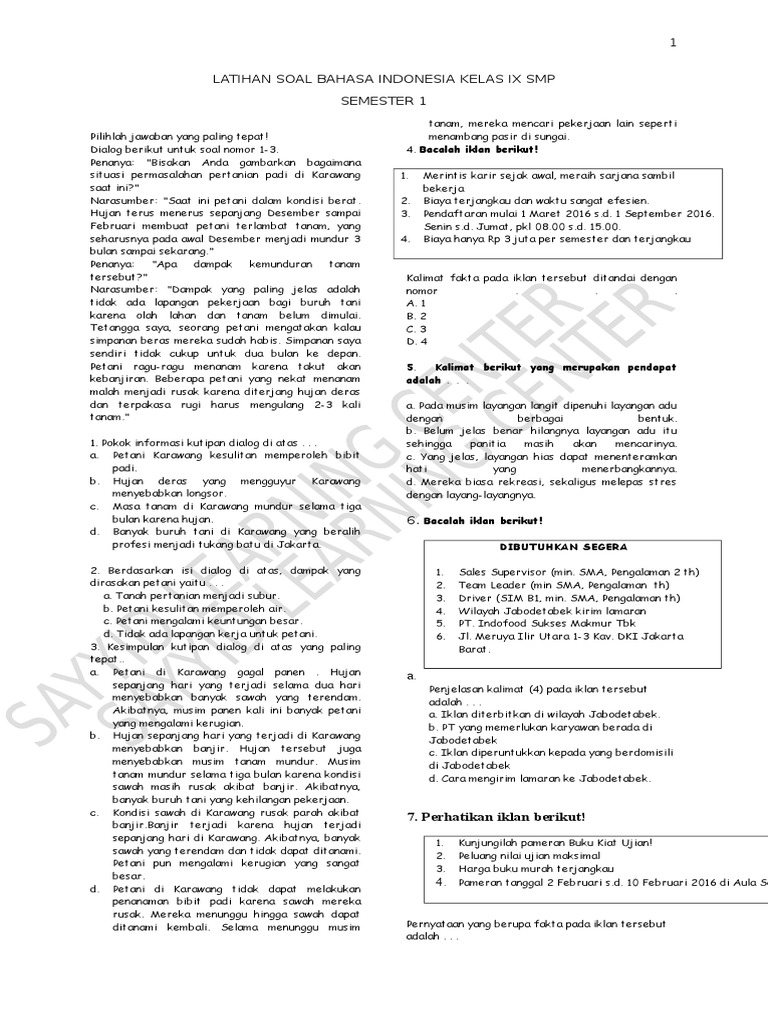 Latihan Soal Bahasa Indonesia Kelas Ix SMP | PDF