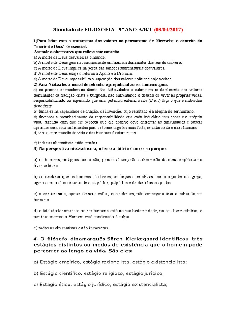 Simulado de Filosofia - 9º Ano | PDF | Arthur Schopenhauer ...