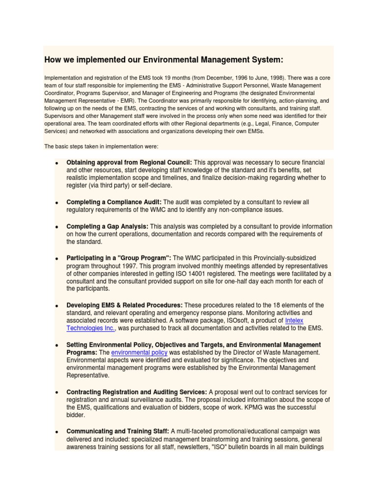 EMS Implementation Success Story | PDF | Environmental Resource ...