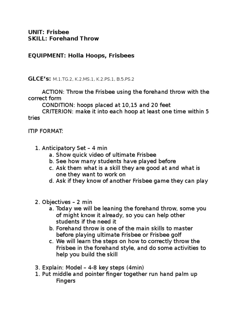 Forehand Throw Itip Lesson Plan 1 | PDF | Sports | Leisure