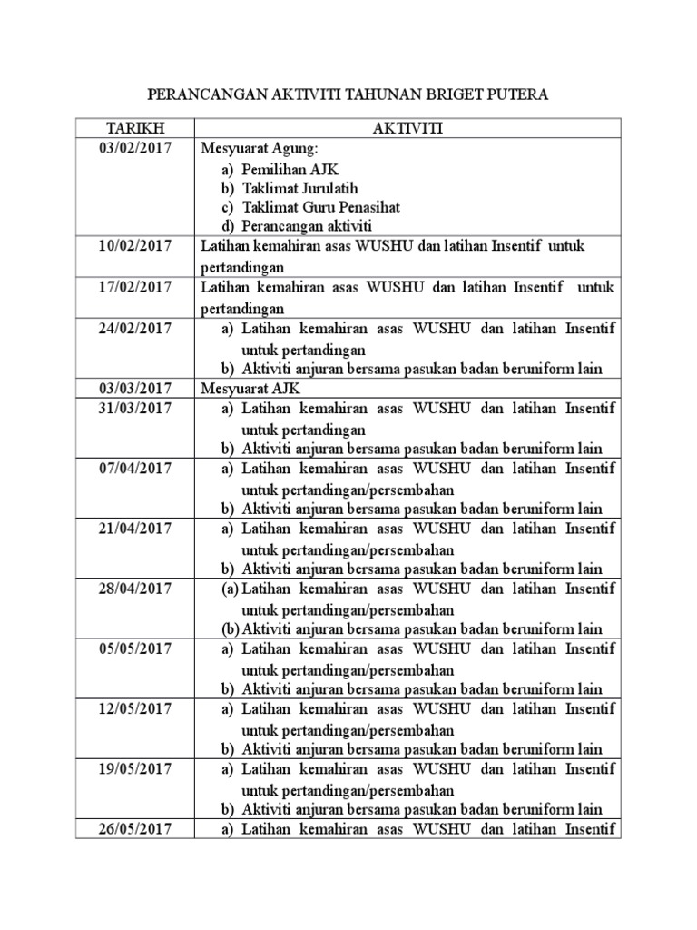 Perancangan Aktiviti Tahunan Persatuan Wushu 2017 Pdf