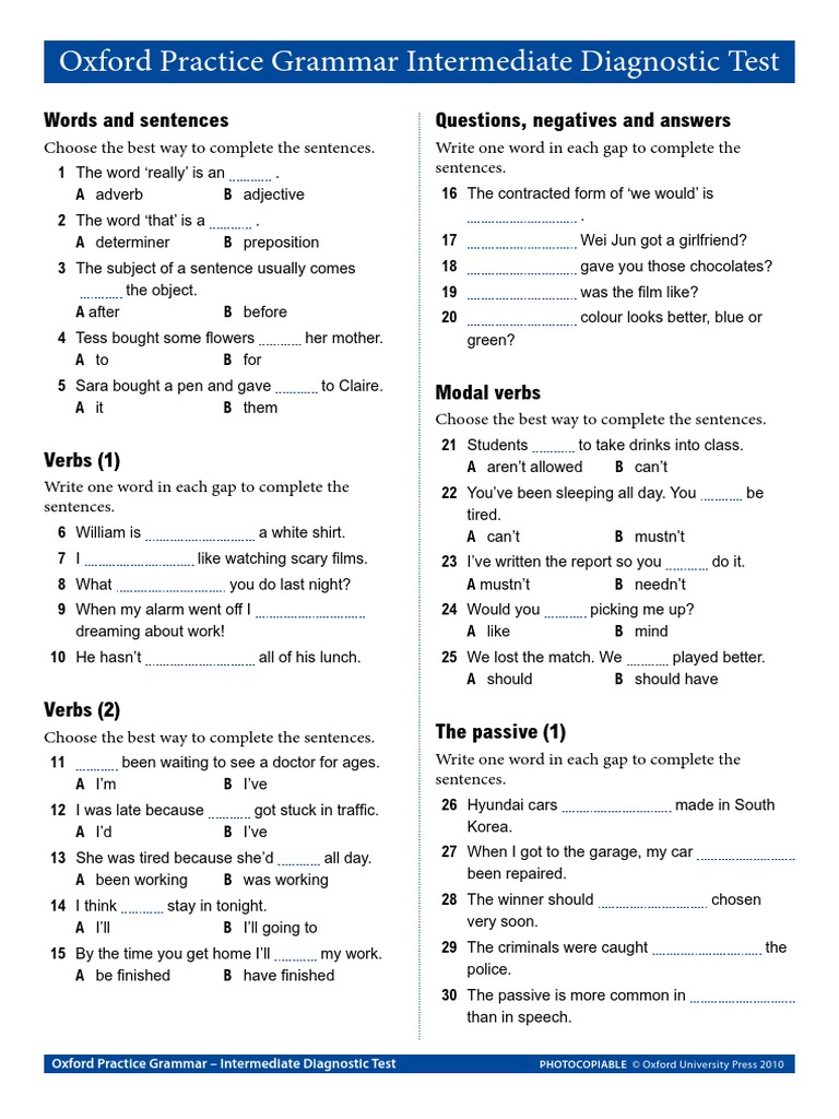 Oxford Practice Grammar 2 Intermediate Diagnostic Test Adverb Verb
