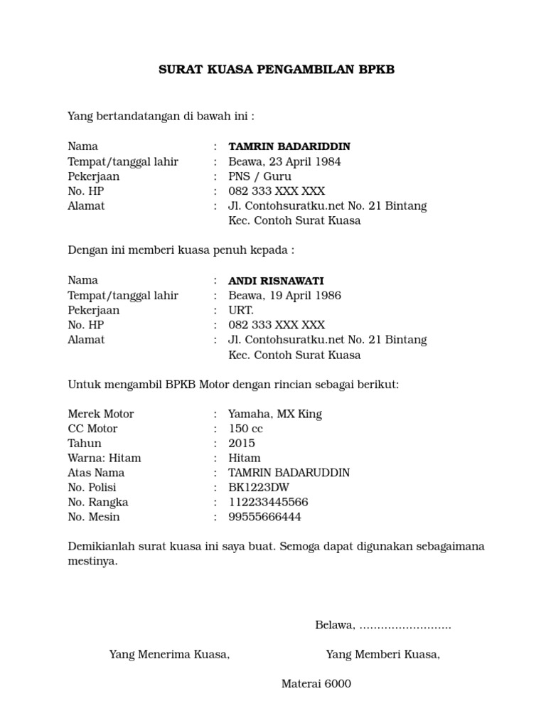 Contoh Surat Kuasa Pengambilan Bpkb Motor Pdf Nusagates