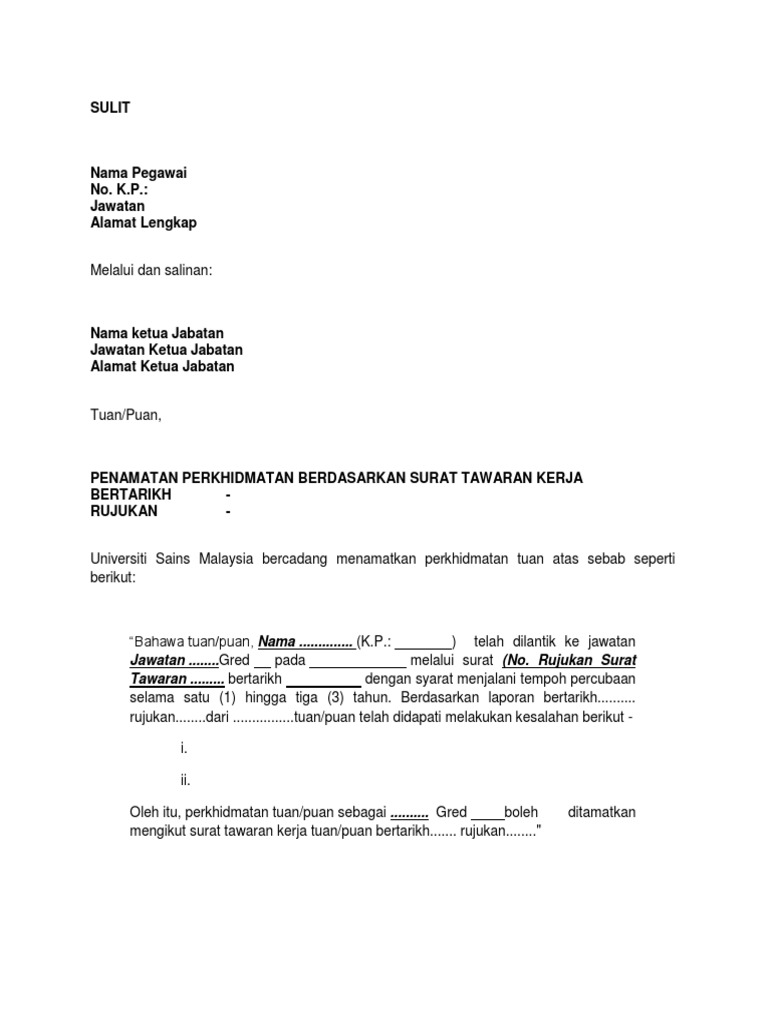 Contoh Surat Penamatan Perkhidmatan Staf Dalam Tempoh Percubaan