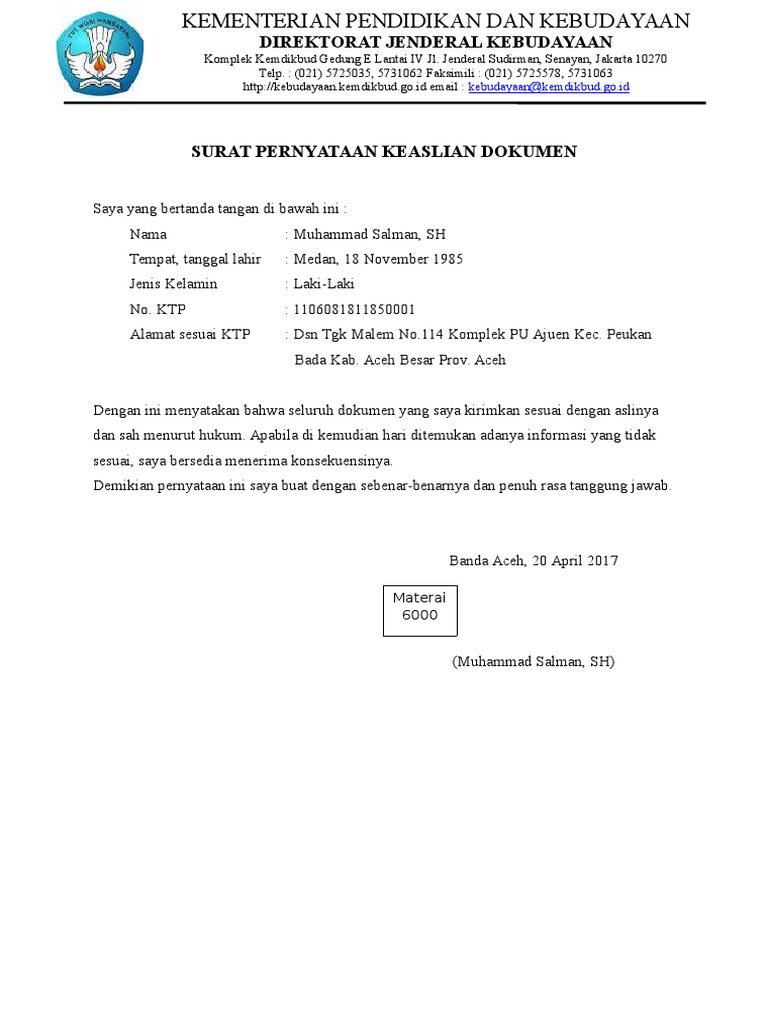 Contoh Surat Pernyataan Bermaterai Mengenai Keaslian Dokumen Nusagates