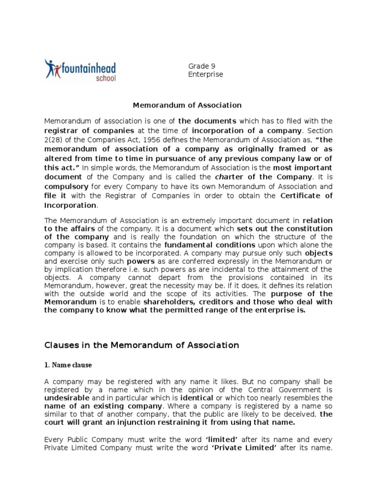Clauses in The Memorandum of Association 1. Name Clause PDF