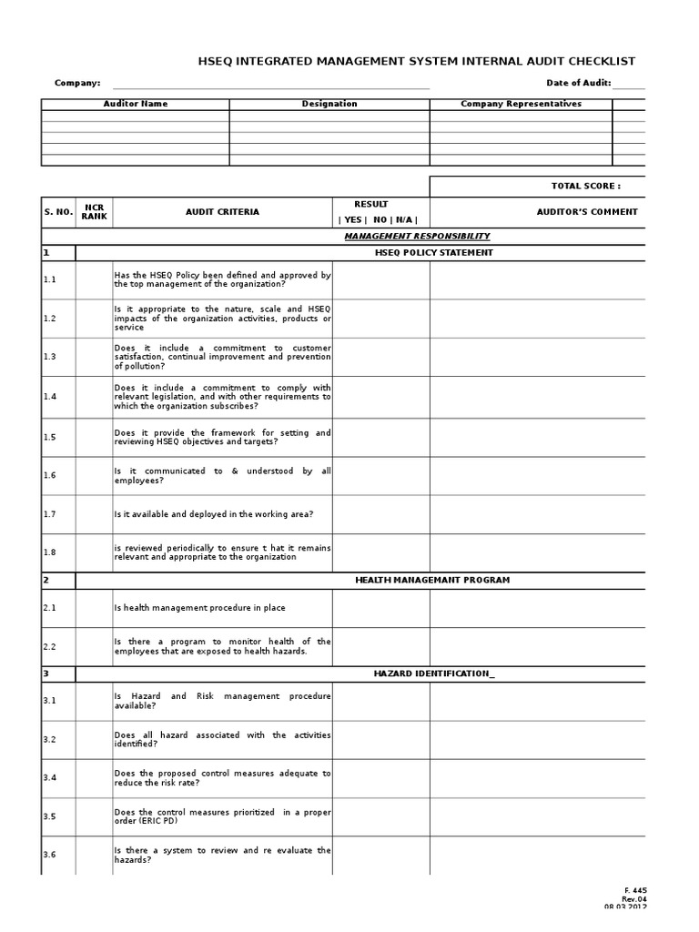 HSEQ Integrated Management Audit Checklist | PDF | Internal Audit | Waste