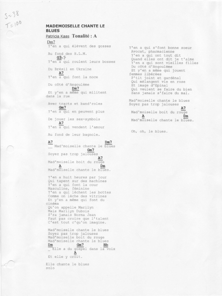 Patricia Kaas Mademoiselle Chante Le Blues Paroles Mlle Chante Le Blues (Paroles) | PDF | Divertissement (Général) | Musique  jazz