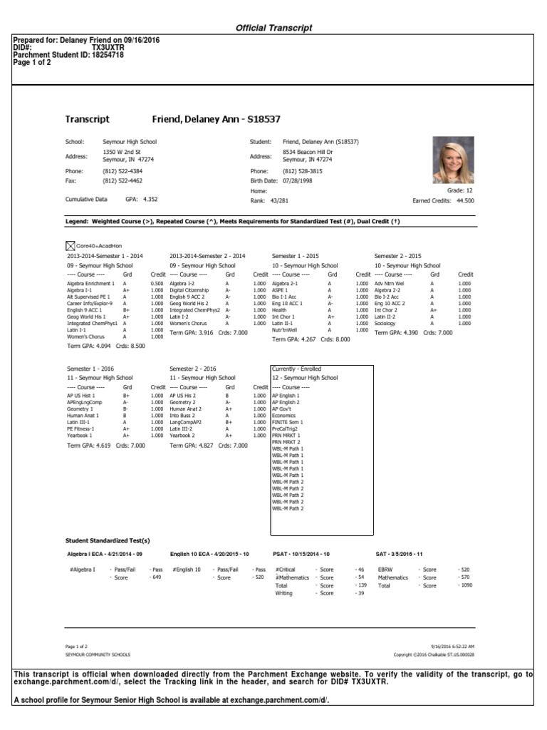 Transcript Friend, Delaney Ann - S18537 | PDF | Grading (Education ...