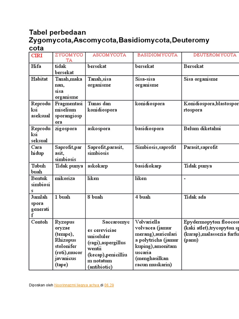 Tabel Perbedaan Zygomycota