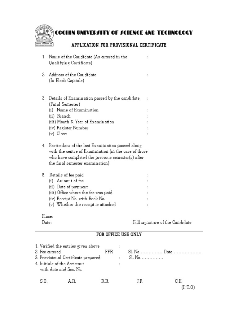 CUSAT Provisional Certificate Application | PDF | Government | Business