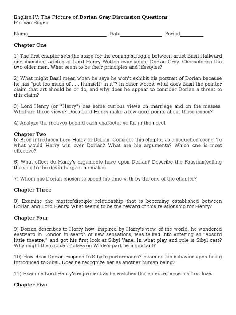 Dorian Gray Discussion Questions PDF The Picture Of Dorian Gray