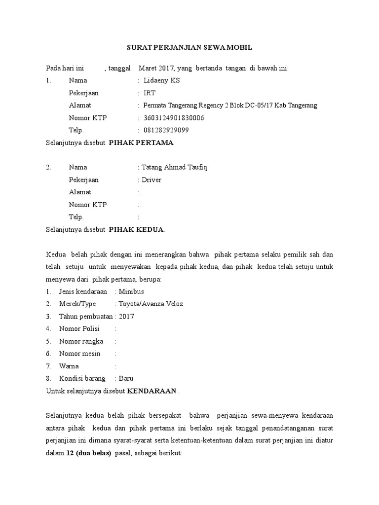 Contoh Surat Perjanjian Sewa Bilik Pdf