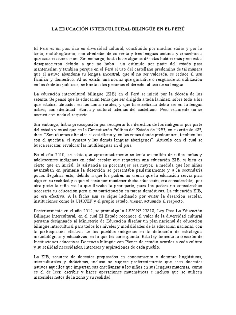 Importancia de la EIB en Perú | PDF | Multilingüismo | Gente indígena