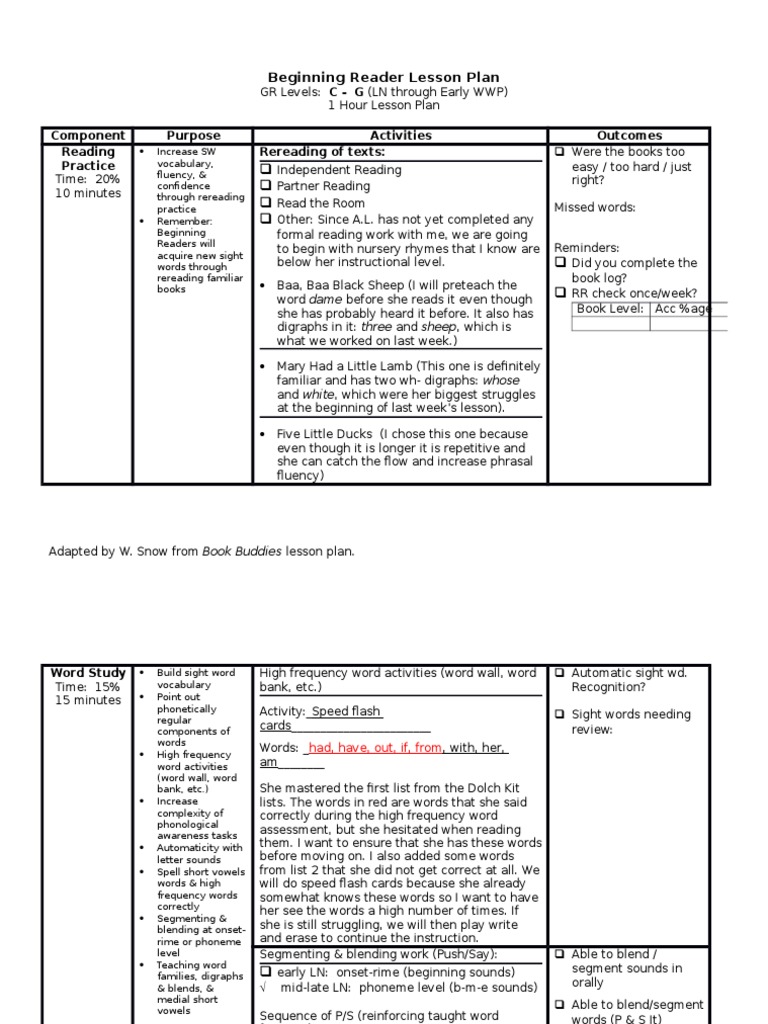 Beginning Reader Lesson Plan Overview | PDF | Syllable | Reading (Process)