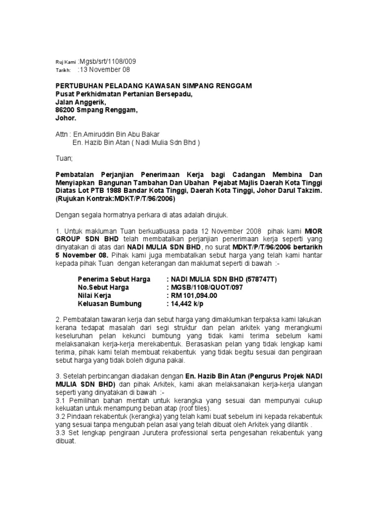 Surat Pembatalan Kerja Dgn Nadimulia 009 Pdf