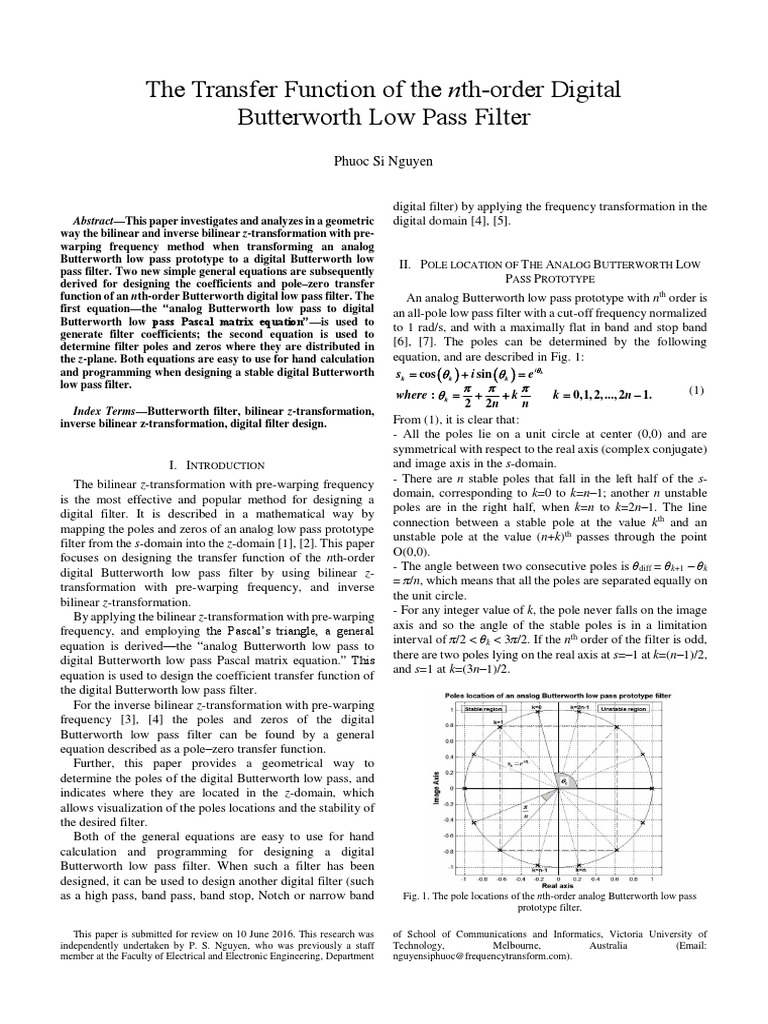 The Transfer Function Of The Nth Order Digital Butterworth Low Pass Filter Pdf Low Pass Filter Algorithms