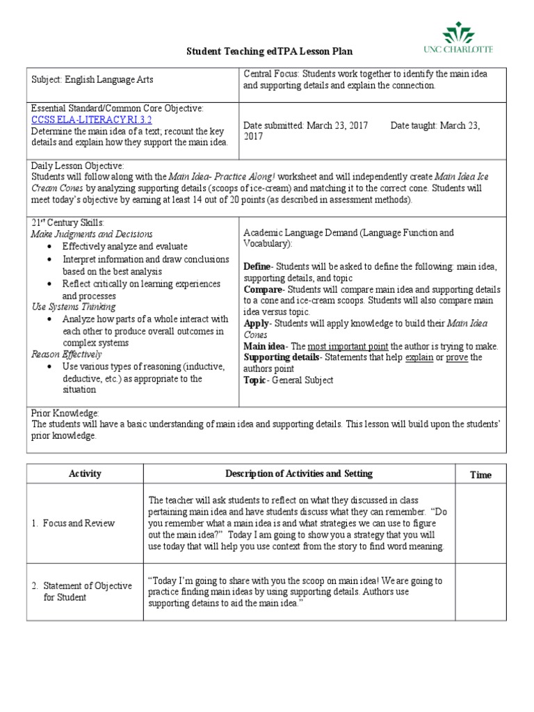 worksheet Supporting Details Worksheet main idea lesson plan educational assessment plan