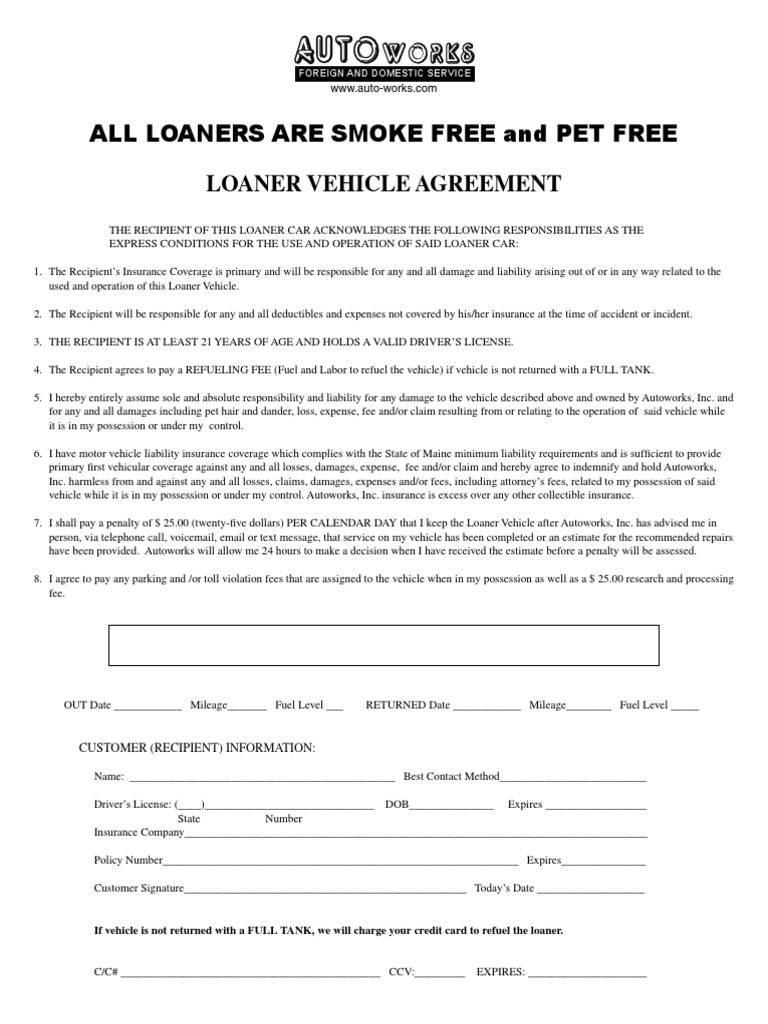 Loaner Vehicle Agreement PDF Fee Liability Insurance