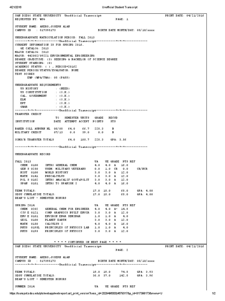 transcript unofficial student
