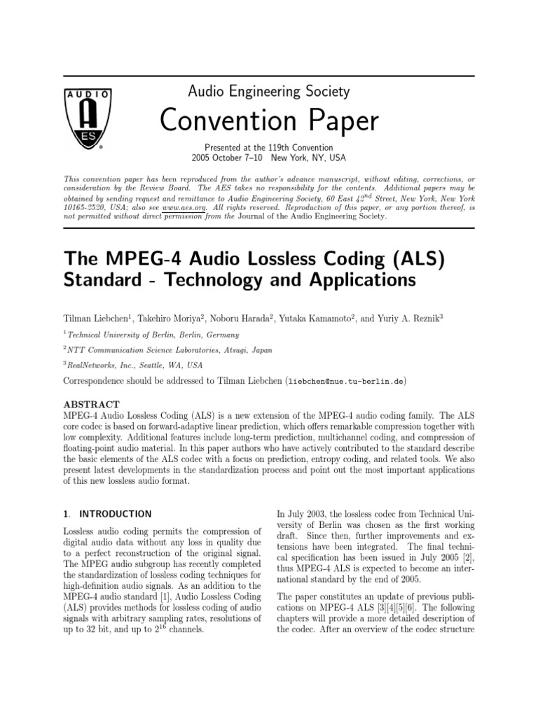 The MPEG4 Audio Lossless Coding ALS Standard | PDF | Data Compression ...