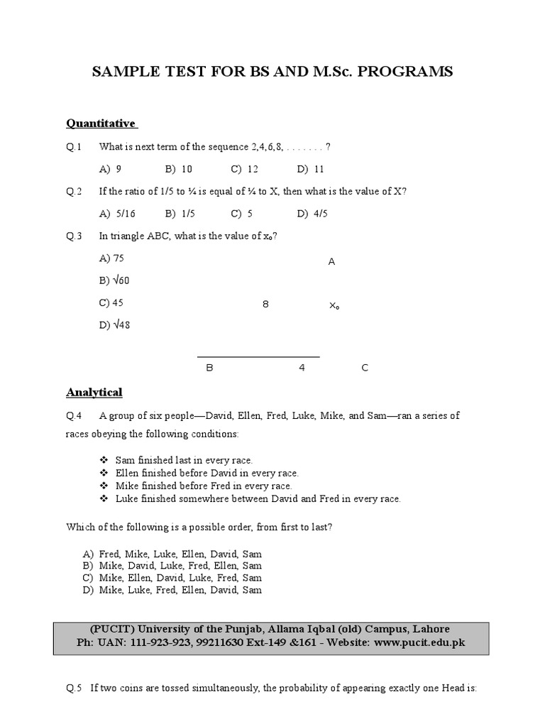 Sample Test For Bs and M.Sc. Programs: Quantitative | PDF | Teaching ...