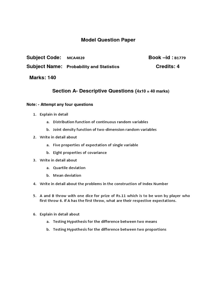 Probability and Statistics Model Paper | PDF | Average | Correlation ...