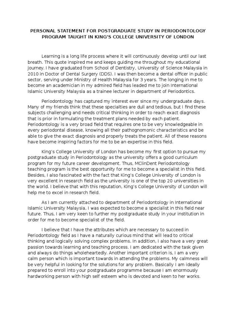 Personal Statement For Postgraduate Study in Periodontology Program ...