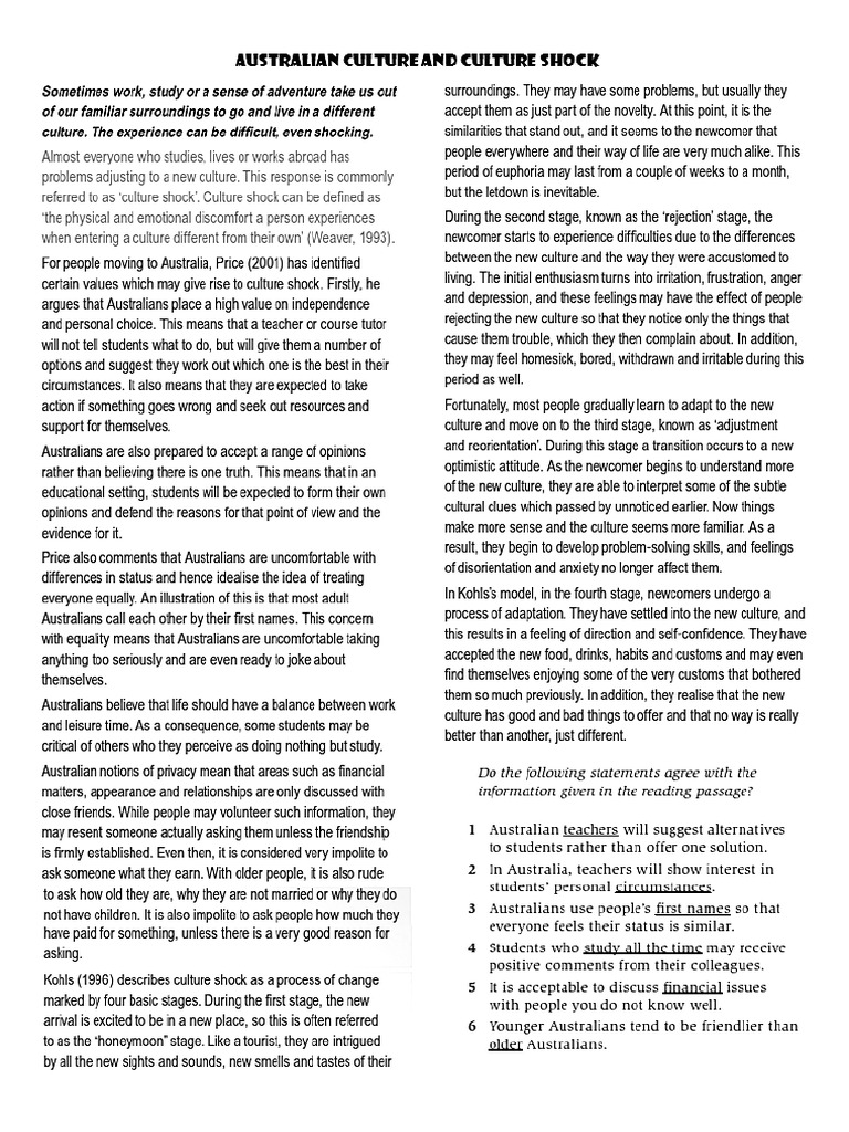 Australian Culture and Culture Shock PDF