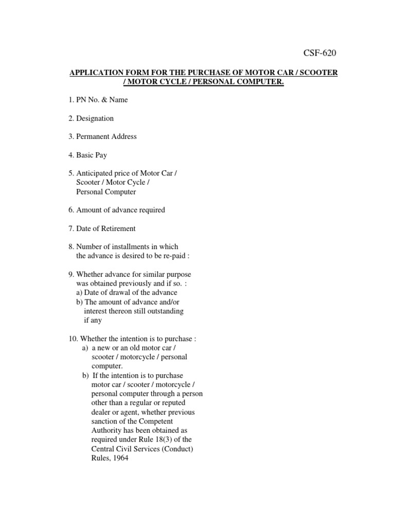 Motor Vehicle Purchase Application Form | PDF