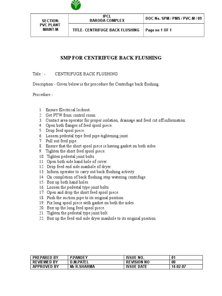 Centrifuge Back Flushing Procedure | PDF